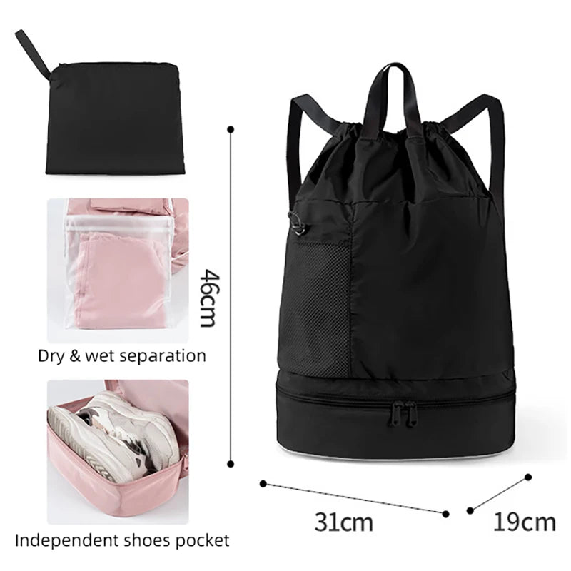 20-35l oxford mesh swim drawstring backpack with wet/dry and shoe pockets - product image