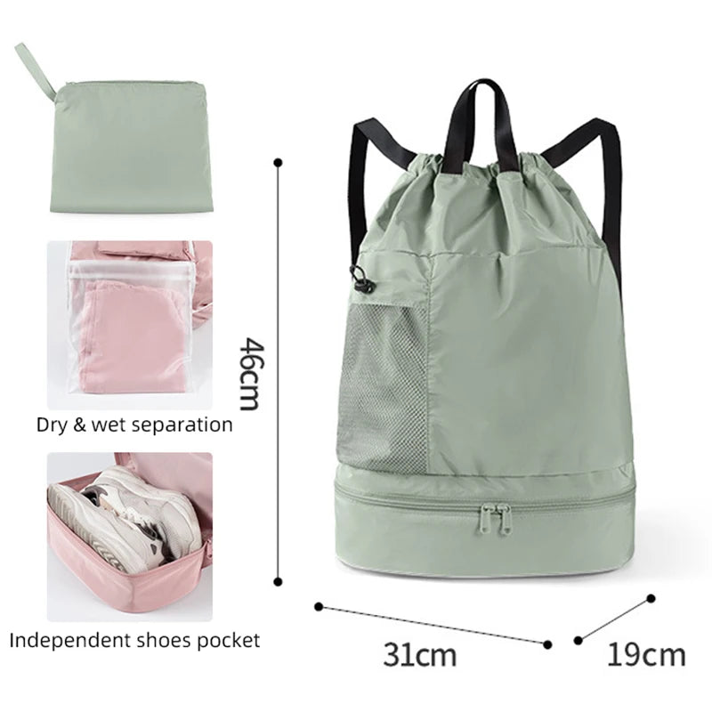 20-35l oxford mesh swim drawstring backpack with wet/dry and shoe pockets - product image