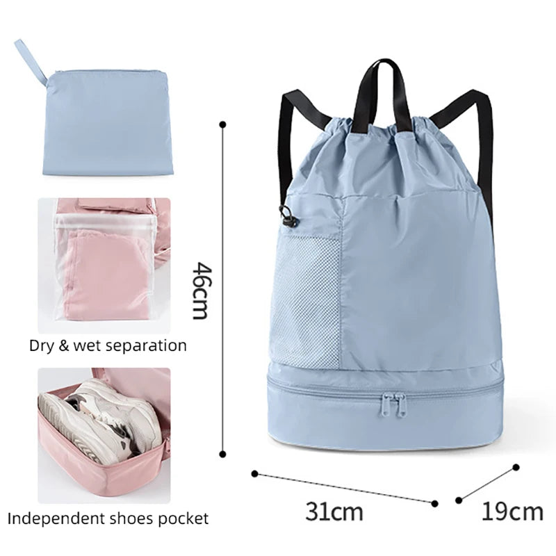 20-35l oxford mesh swim drawstring backpack with wet/dry and shoe pockets - product image