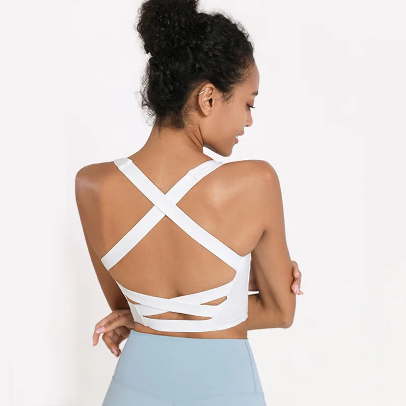 Anti-sweat nylon spandex knit cross strap padded sports bra in multiple sizes - product image