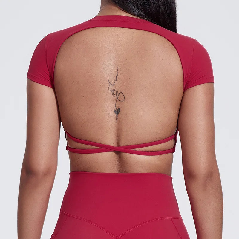 Back cross built-in bra nylon spandex workout crop t-shirt top - product image