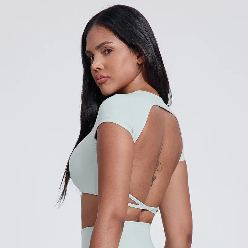 Back cross built-in bra nylon spandex workout crop t-shirt top - product image