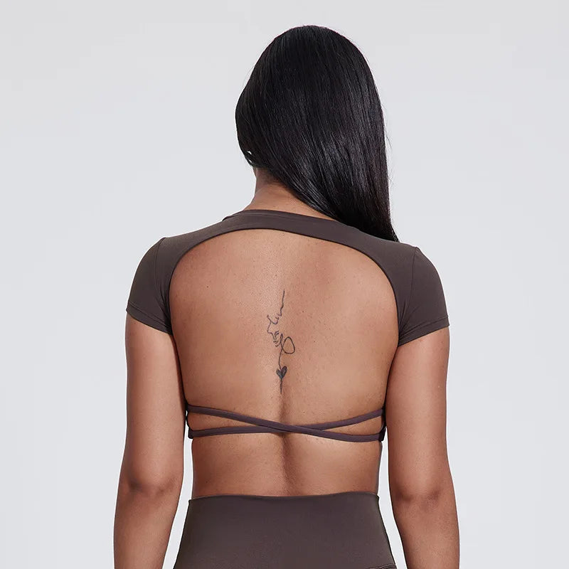Back cross built-in bra nylon spandex workout crop t-shirt top - product image