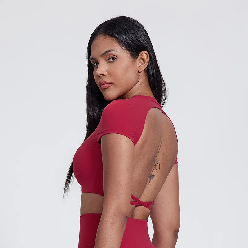 Back cross built-in bra nylon spandex workout crop t-shirt top - product image