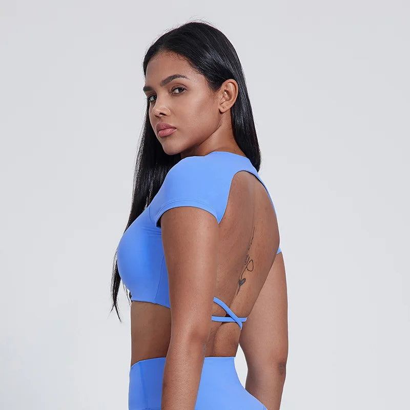 Back cross built-in bra nylon spandex workout crop t-shirt top - product image