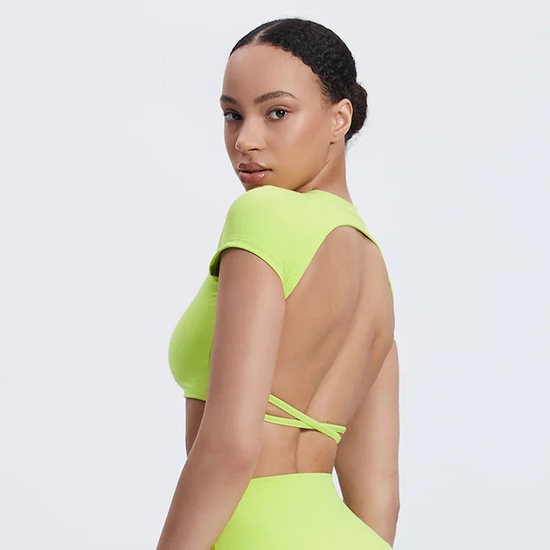 Back cross built-in bra nylon spandex workout crop t-shirt top - product image