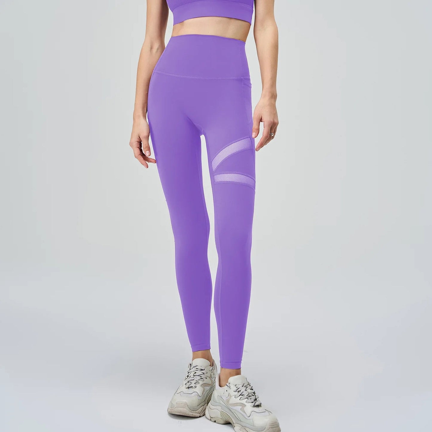 Breathable high waist nylon spandex yoga leggings with mesh patchwork - product image