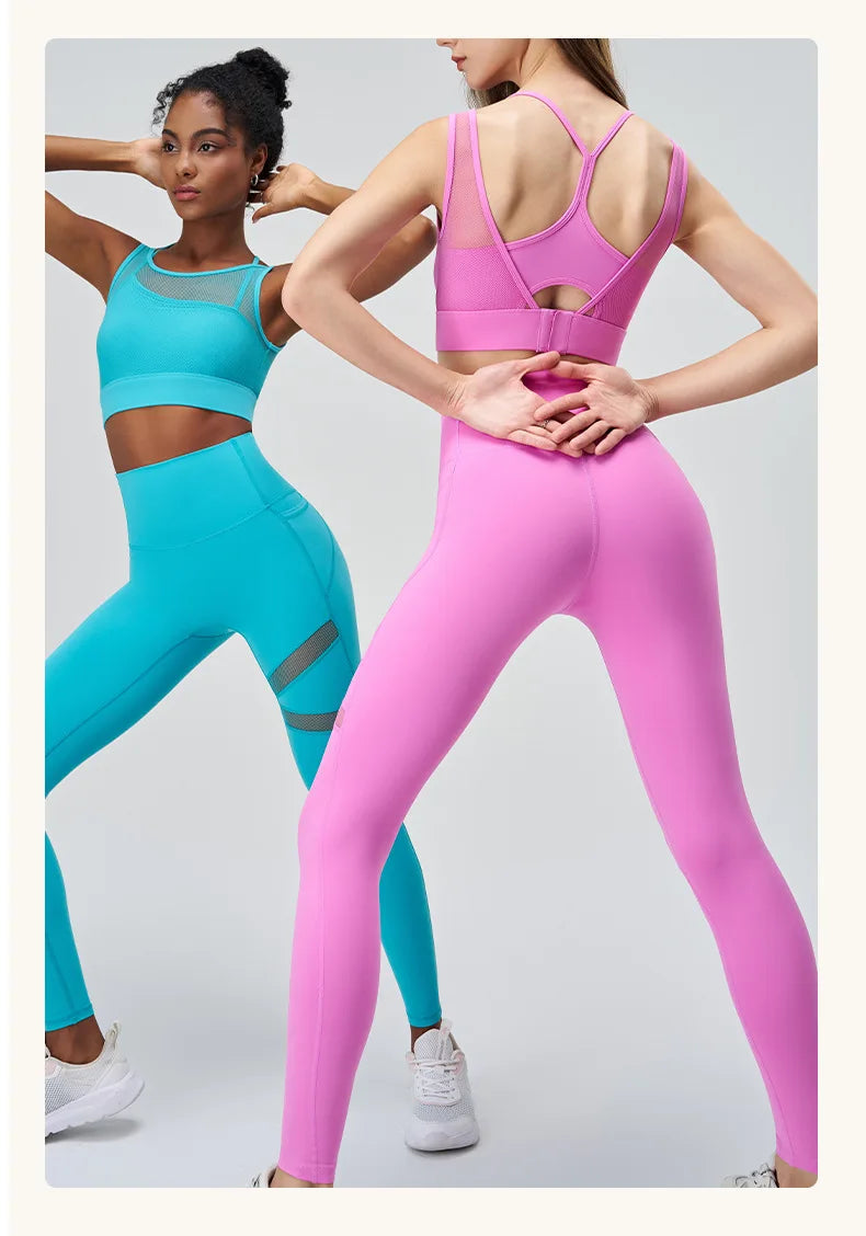 Breathable high waist nylon spandex yoga leggings with mesh patchwork - product image