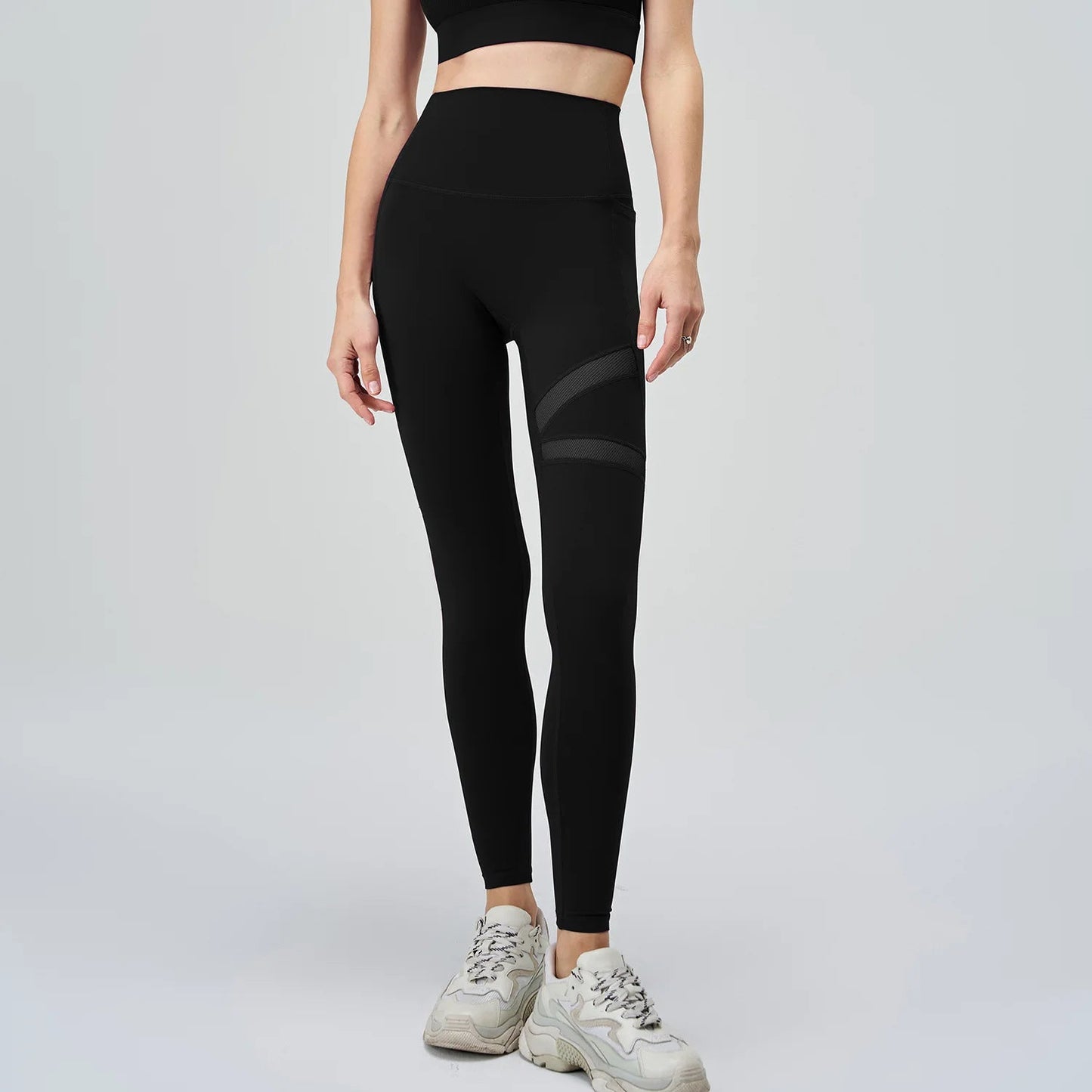 Breathable high waist nylon spandex yoga leggings with mesh patchwork - product image