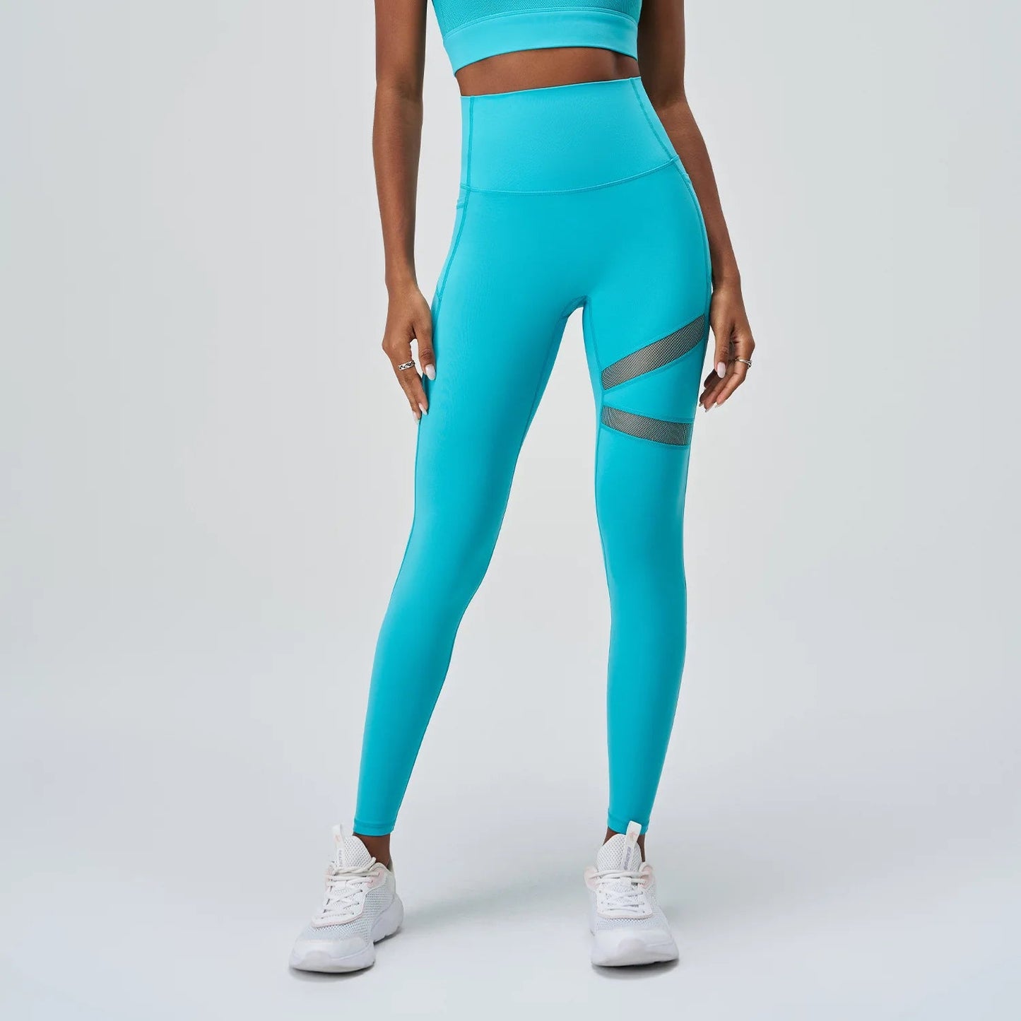 Breathable high waist nylon spandex yoga leggings with mesh patchwork - product image
