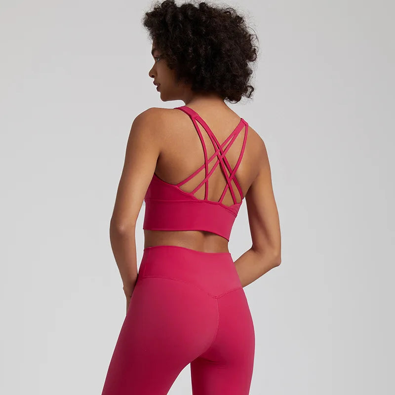 Crisscross back medium support removable cup nylon spandex knit sports bra - product image