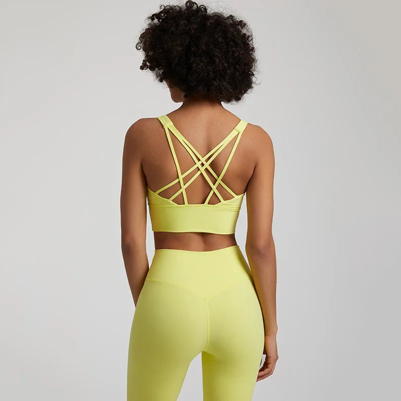 Crisscross back medium support removable cup nylon spandex knit sports bra - product image