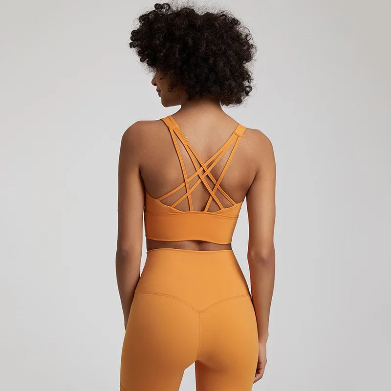 Crisscross back medium support removable cup nylon spandex knit sports bra - product image