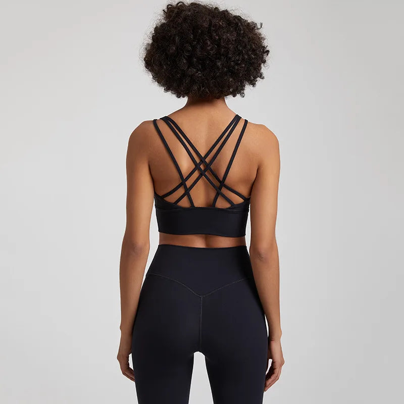 Crisscross back medium support removable cup nylon spandex knit sports bra - product image