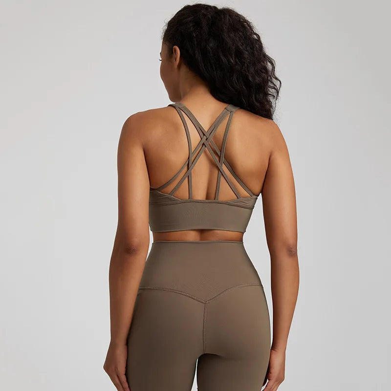 Crisscross back medium support removable cup nylon spandex knit sports bra - product image