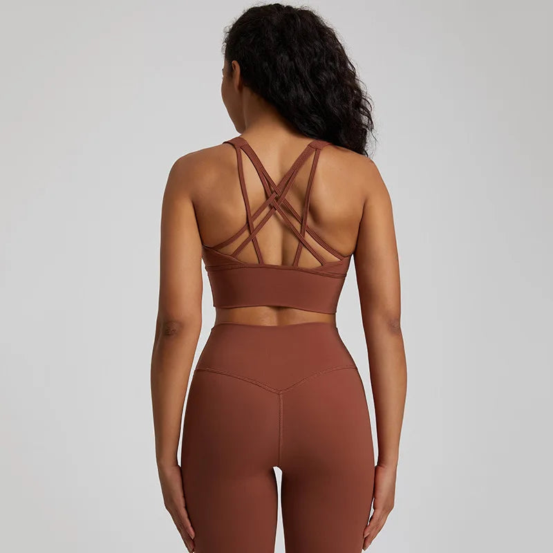 Crisscross back medium support removable cup nylon spandex knit sports bra - product image