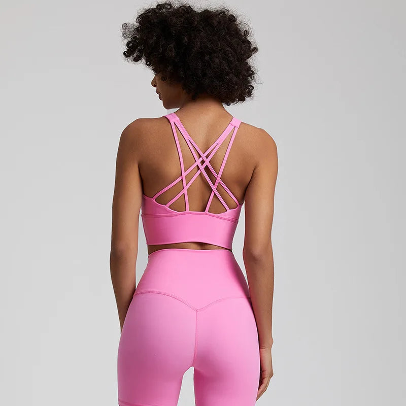 Crisscross back medium support removable cup nylon spandex knit sports bra - product image