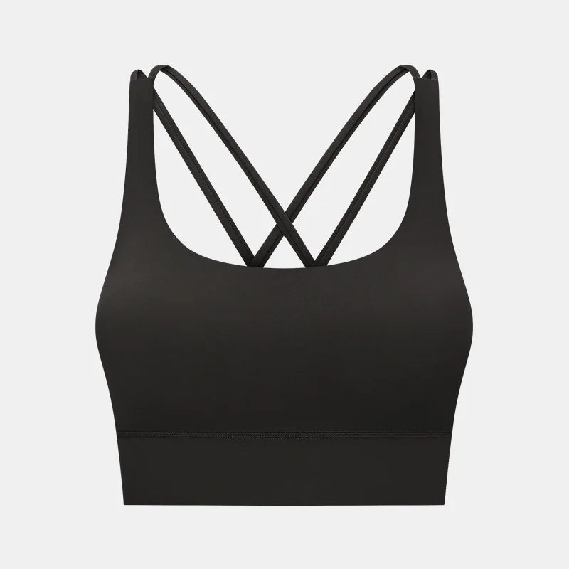 Cross strap mid support padded nylon spandex knit sports bra for fitness - product image