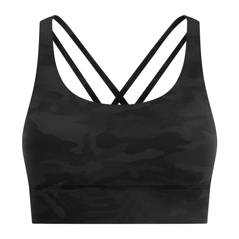 Cross strap mid support padded nylon spandex knit sports bra for fitness - product image