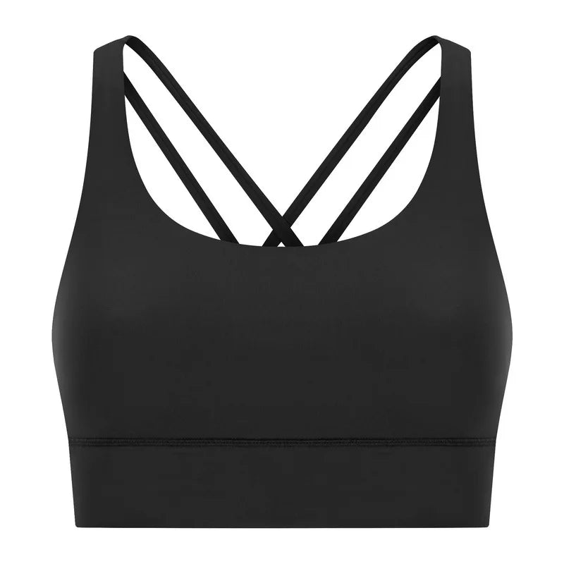 Cross strap mid support padded nylon spandex knit sports bra for fitness - product image