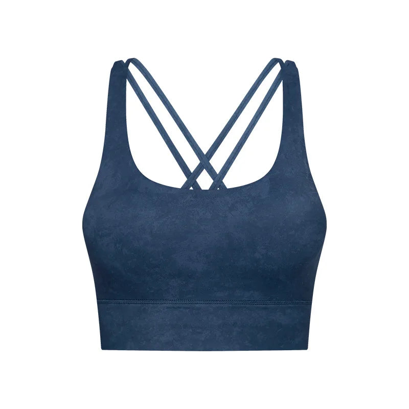 Cross strap mid support padded nylon spandex knit sports bra for fitness - product image