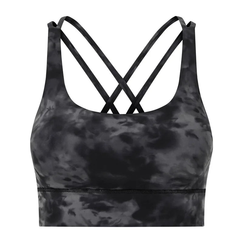 Cross strap mid support padded nylon spandex knit sports bra for fitness - product image