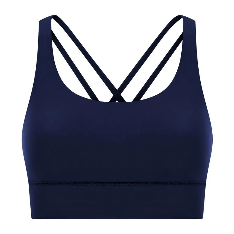Cross strap mid support padded nylon spandex knit sports bra for fitness - product image