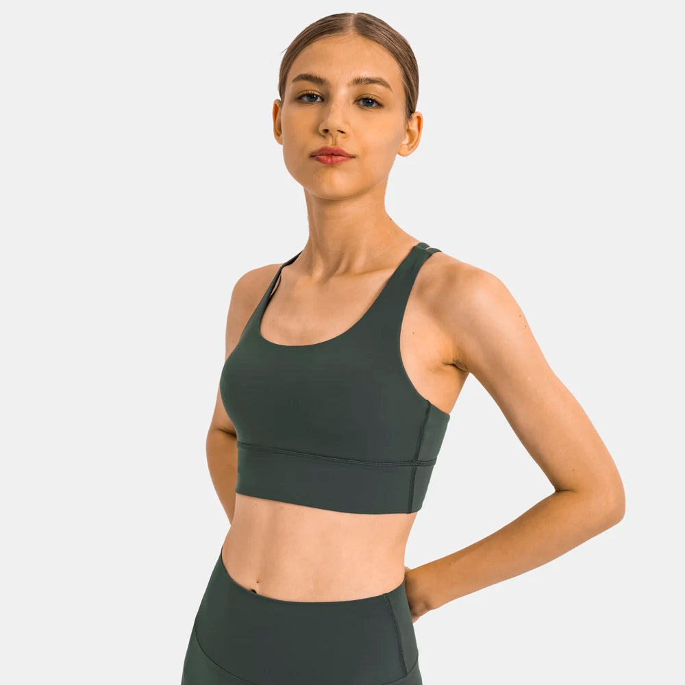 Cross strap mid support padded nylon spandex knit sports bra for fitness - product image