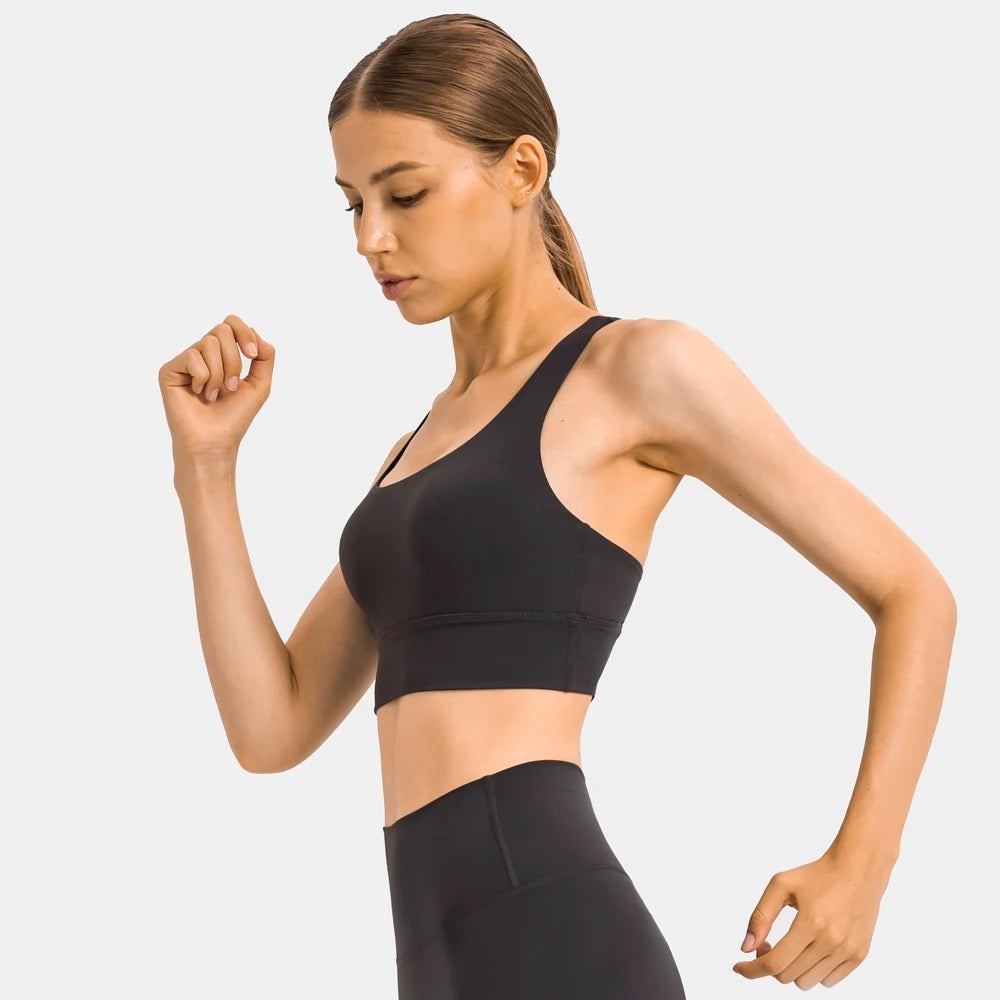 Cross strap mid support padded nylon spandex knit sports bra for fitness - product image