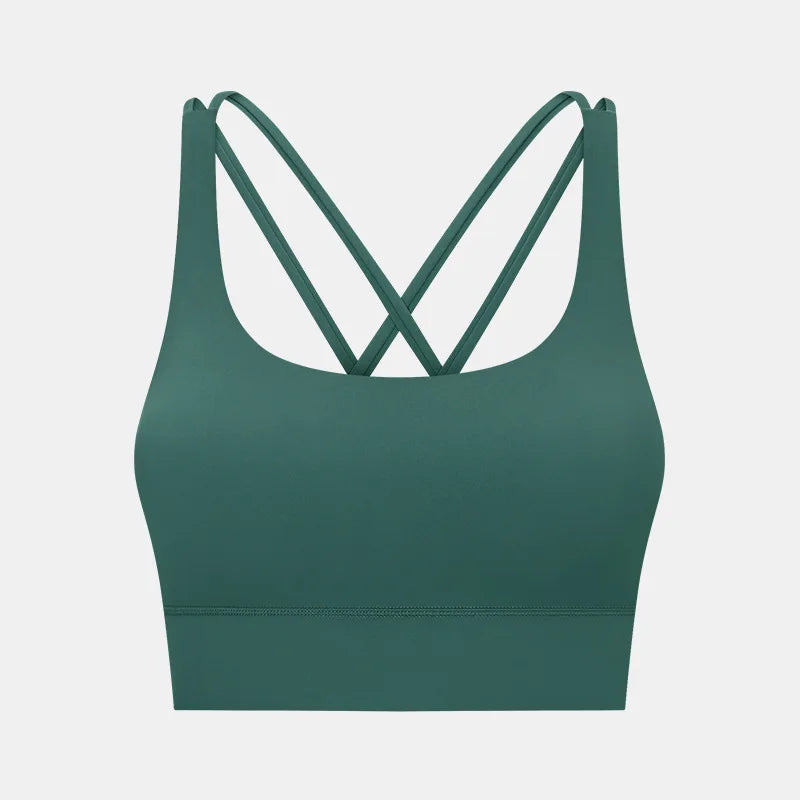 Cross strap mid support padded nylon spandex knit sports bra for fitness - product image