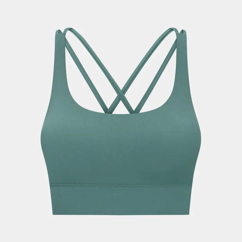 Cross strap mid support padded nylon spandex knit sports bra for fitness - product image
