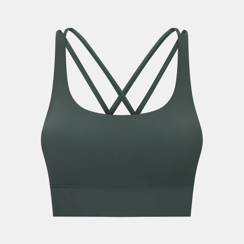 Cross strap mid support padded nylon spandex knit sports bra for fitness - product image