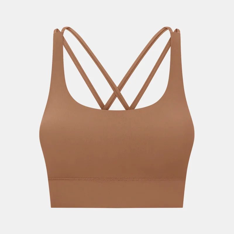 Cross strap mid support padded nylon spandex knit sports bra for fitness - product image