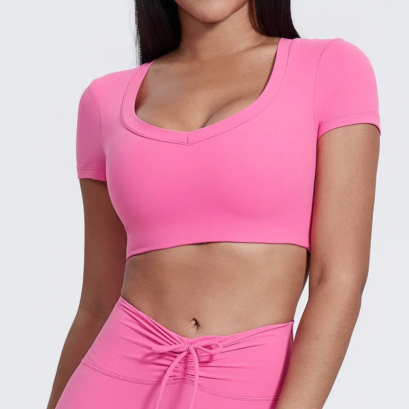 Double lined v neck short sleeve nylon slim fit t-shirt - product image