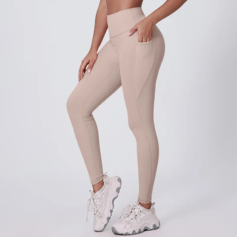Elastic waist full length nylon spandex tight yoga pants with pockets - product image