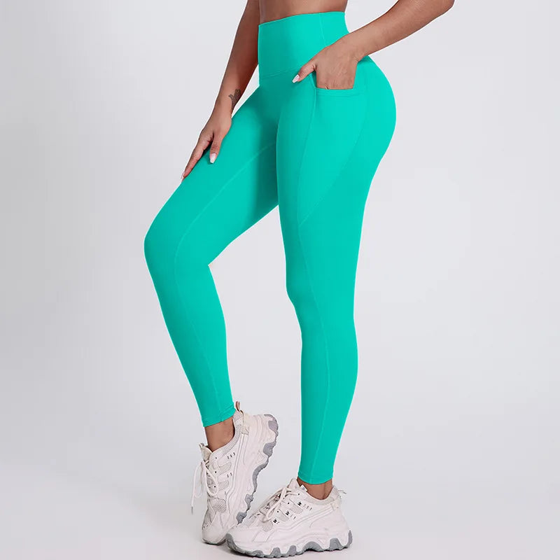 Elastic waist full length nylon spandex tight yoga pants with pockets - product image