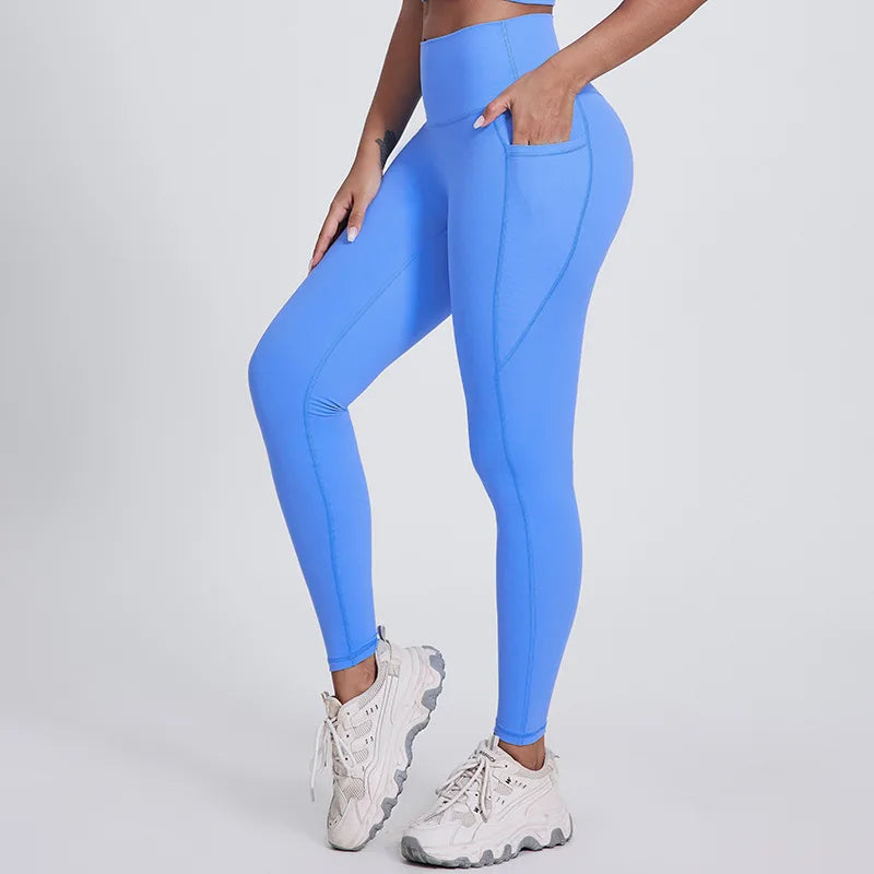 Elastic waist full length nylon spandex tight yoga pants with pockets - product image