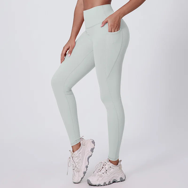 Elastic waist full length nylon spandex tight yoga pants with pockets - product image
