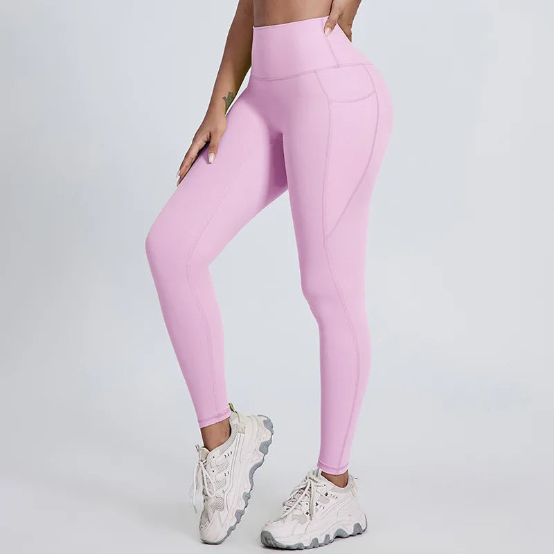 Elastic waist full length nylon spandex tight yoga pants with pockets - product image