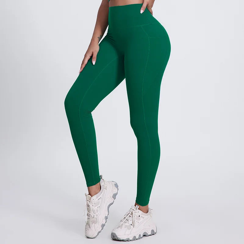 Elastic waist full length nylon spandex tight yoga pants with pockets - product image