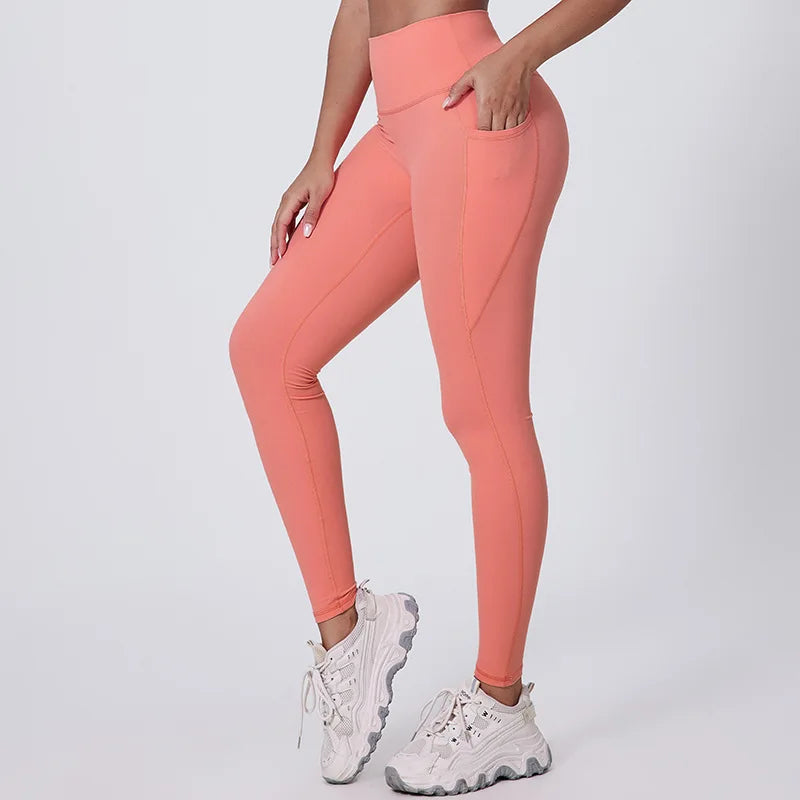 Elastic waist full length nylon spandex tight yoga pants with pockets - product image