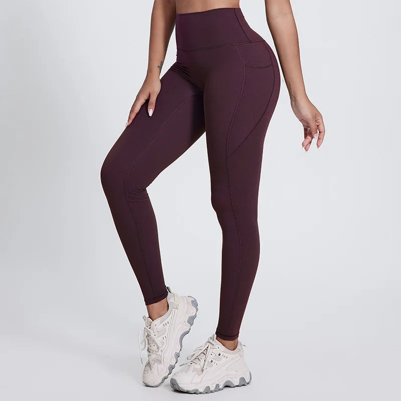 Elastic waist full length nylon spandex tight yoga pants with pockets - product image