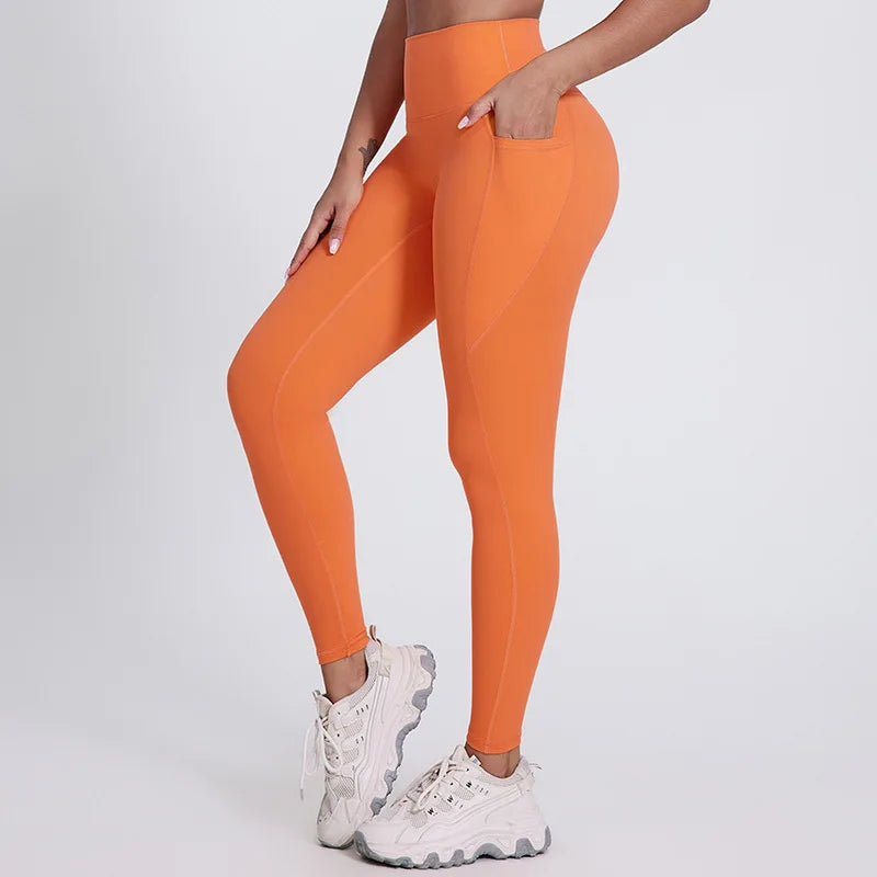 Elastic waist full length nylon spandex tight yoga pants with pockets - product image