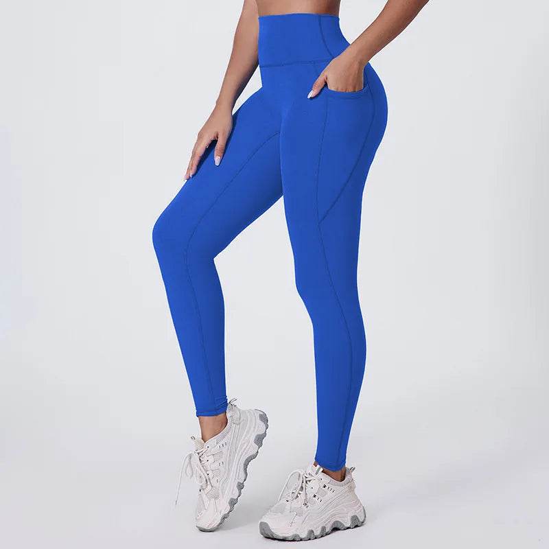 Elastic waist full length nylon spandex tight yoga pants with pockets - product image
