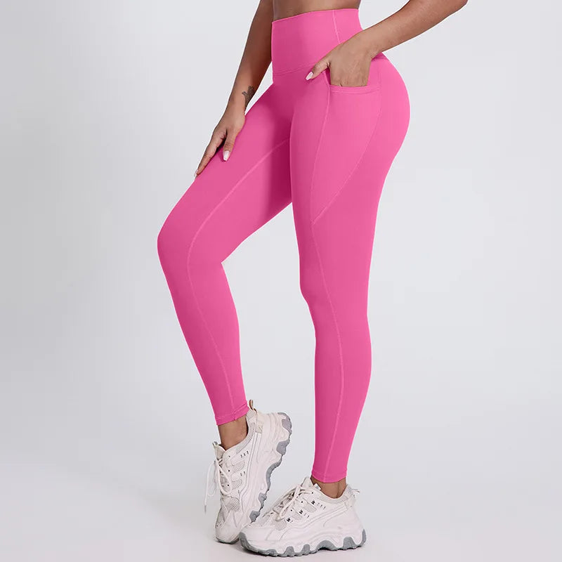 Elastic waist full length nylon spandex tight yoga pants with pockets - product image