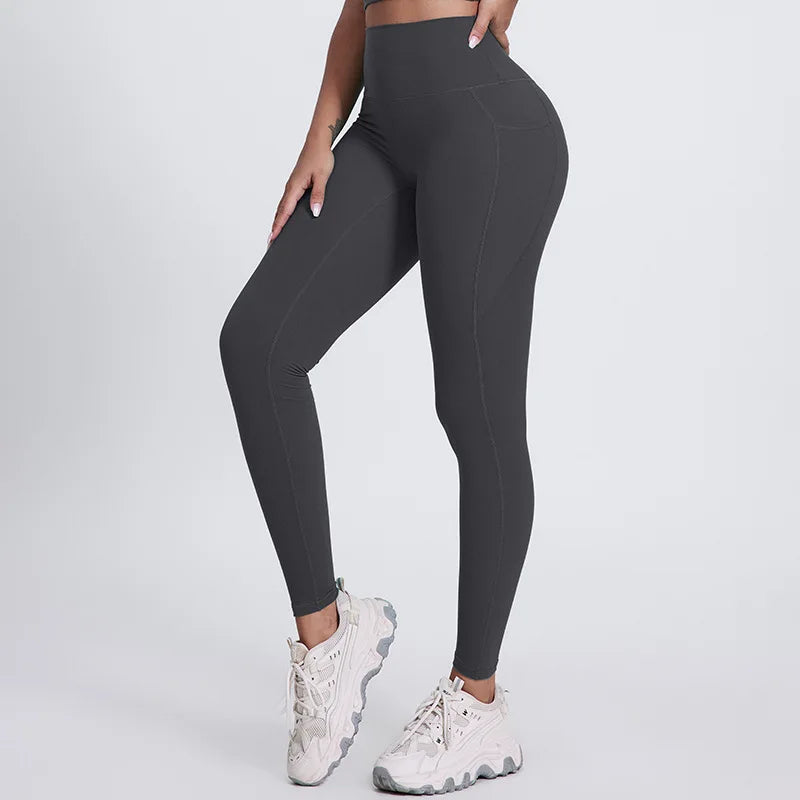 Elastic waist full length nylon spandex tight yoga pants with pockets - product image