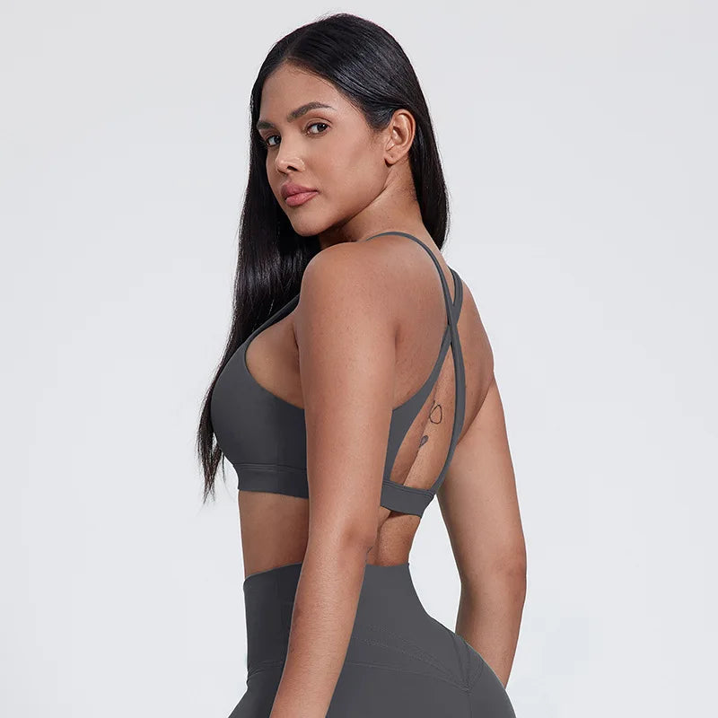 High neck push up nylon yoga training bra with back cross - product image