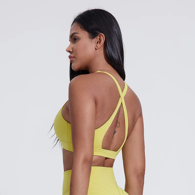 High neck push up nylon yoga training bra with back cross - product image