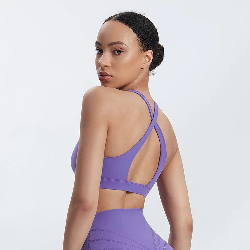 High neck push up nylon yoga training bra with back cross - product image