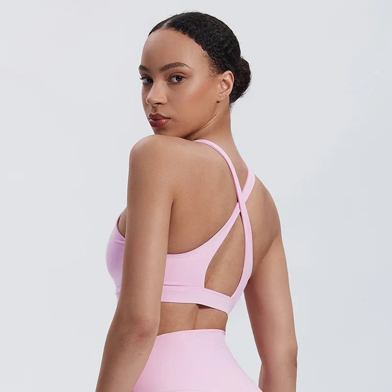 High neck push up nylon yoga training bra with back cross - product image